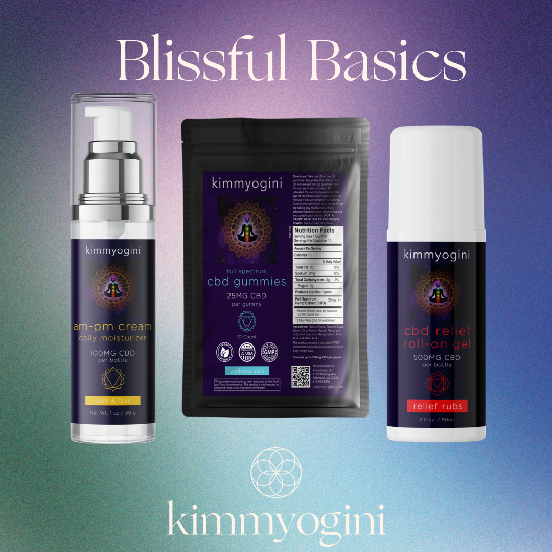 photo displaying three products: am-pm cream, gummies, and relief roll-on gel. Kit is called Blissful Basics